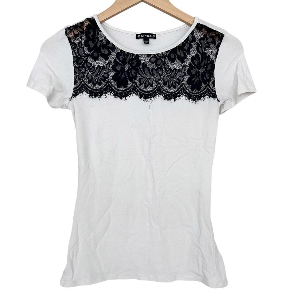 Express White T Shirt Black Lace Detail Sz XS